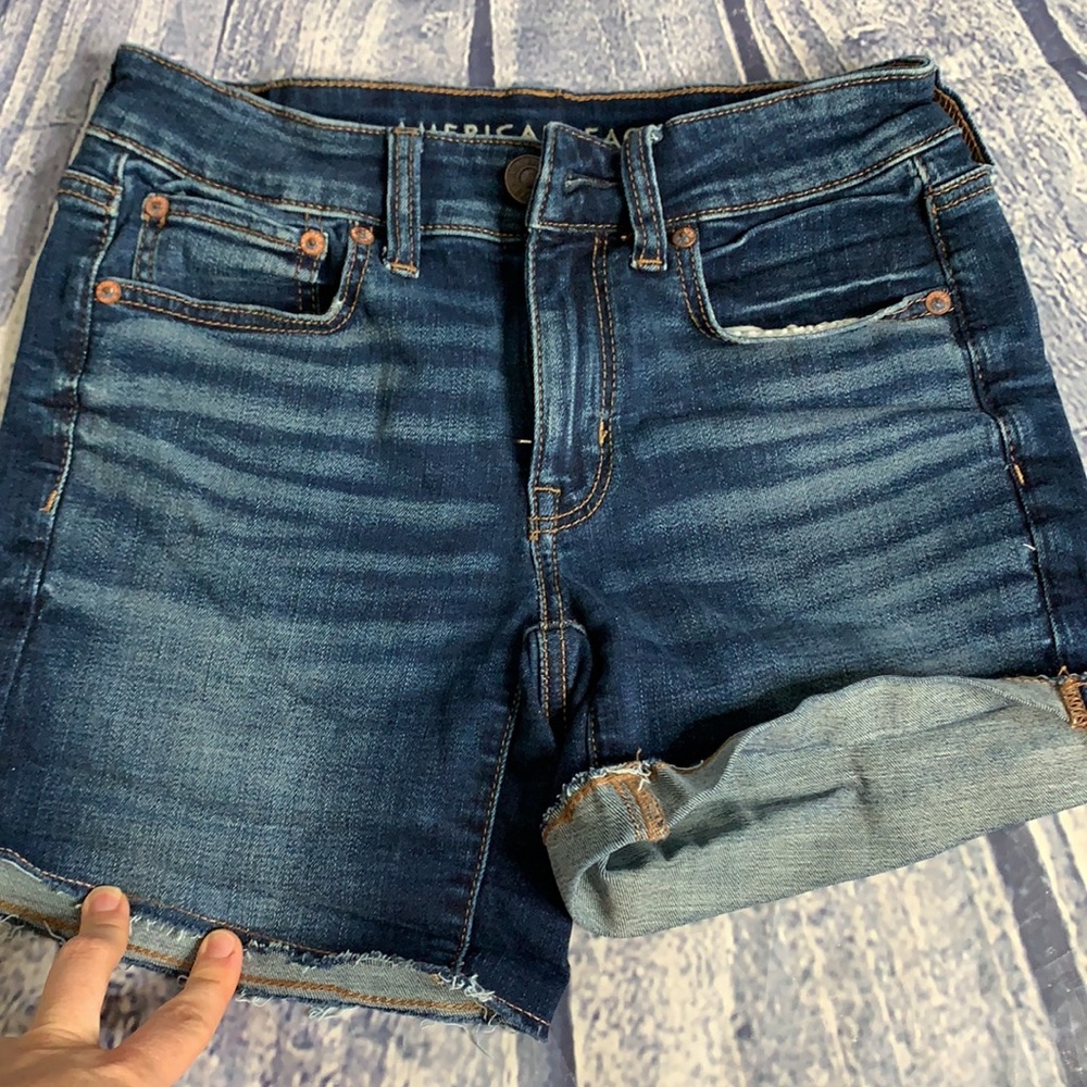 American Eagle Midi Stretch Dark Wash Shorts, 2